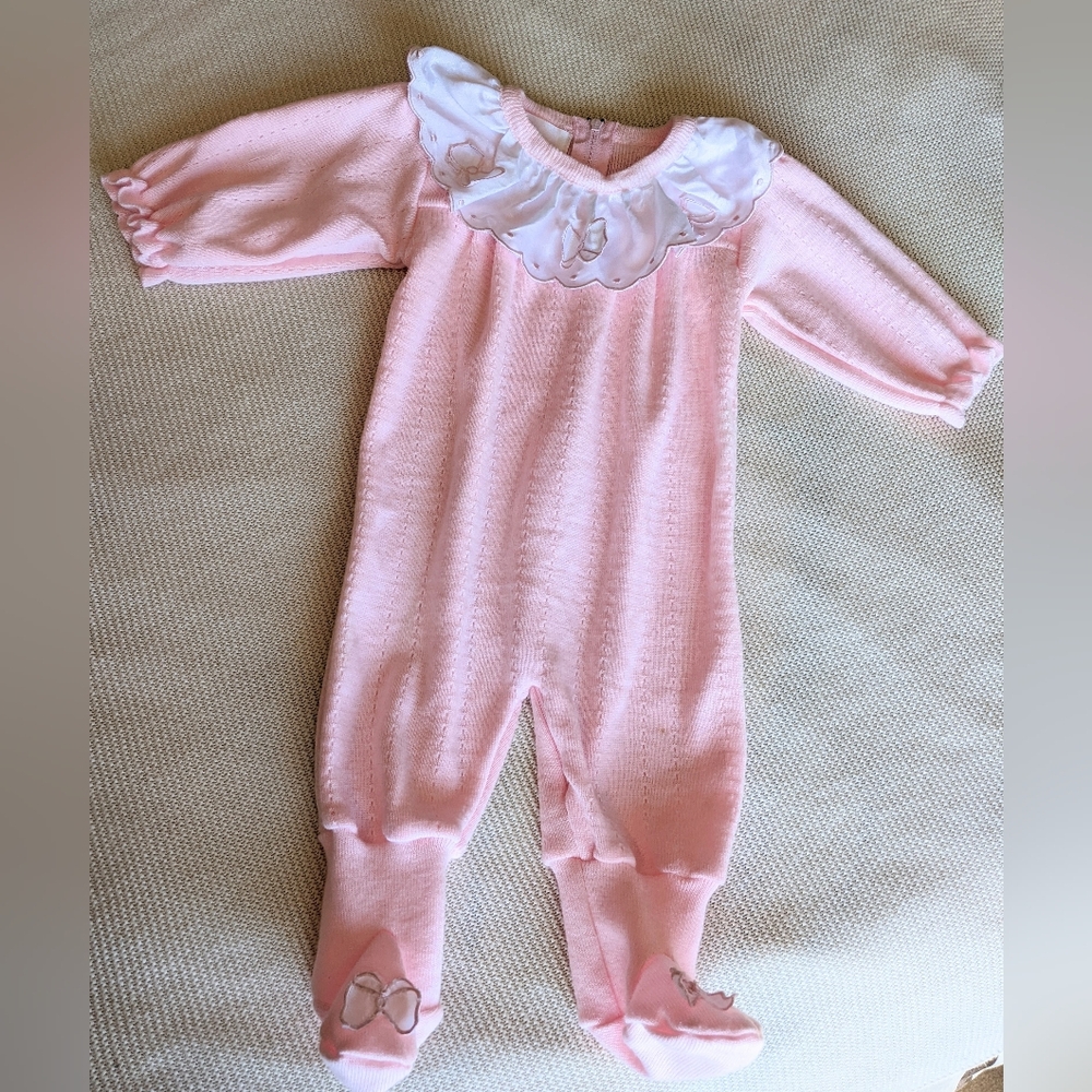 Vintage Eaton Baby Girl Bow Knit One-piece With Collar and Zipper in Pink 3-6 M